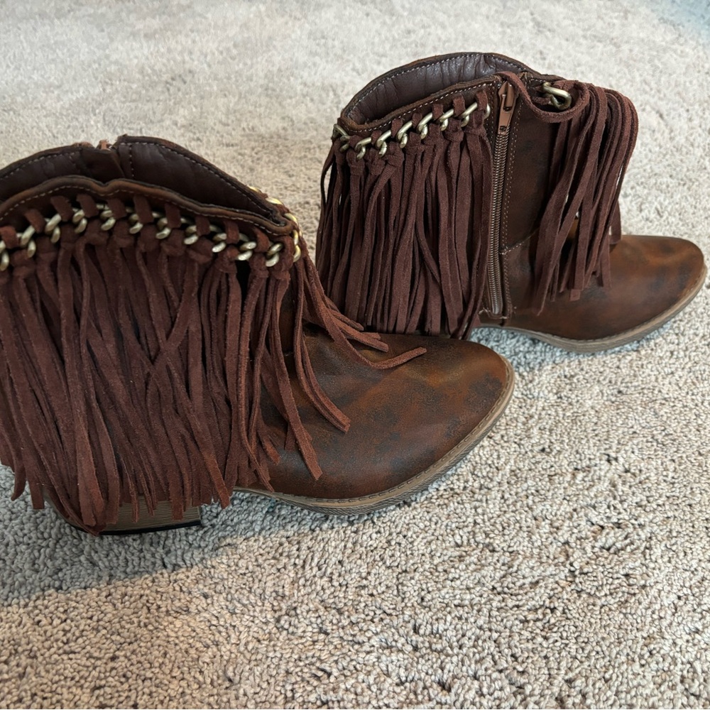 Brown leather fringe booties! Never worn